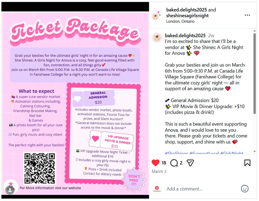 Screen clip of Instagram post from @bakeddelights praising and promoting the She Shines event