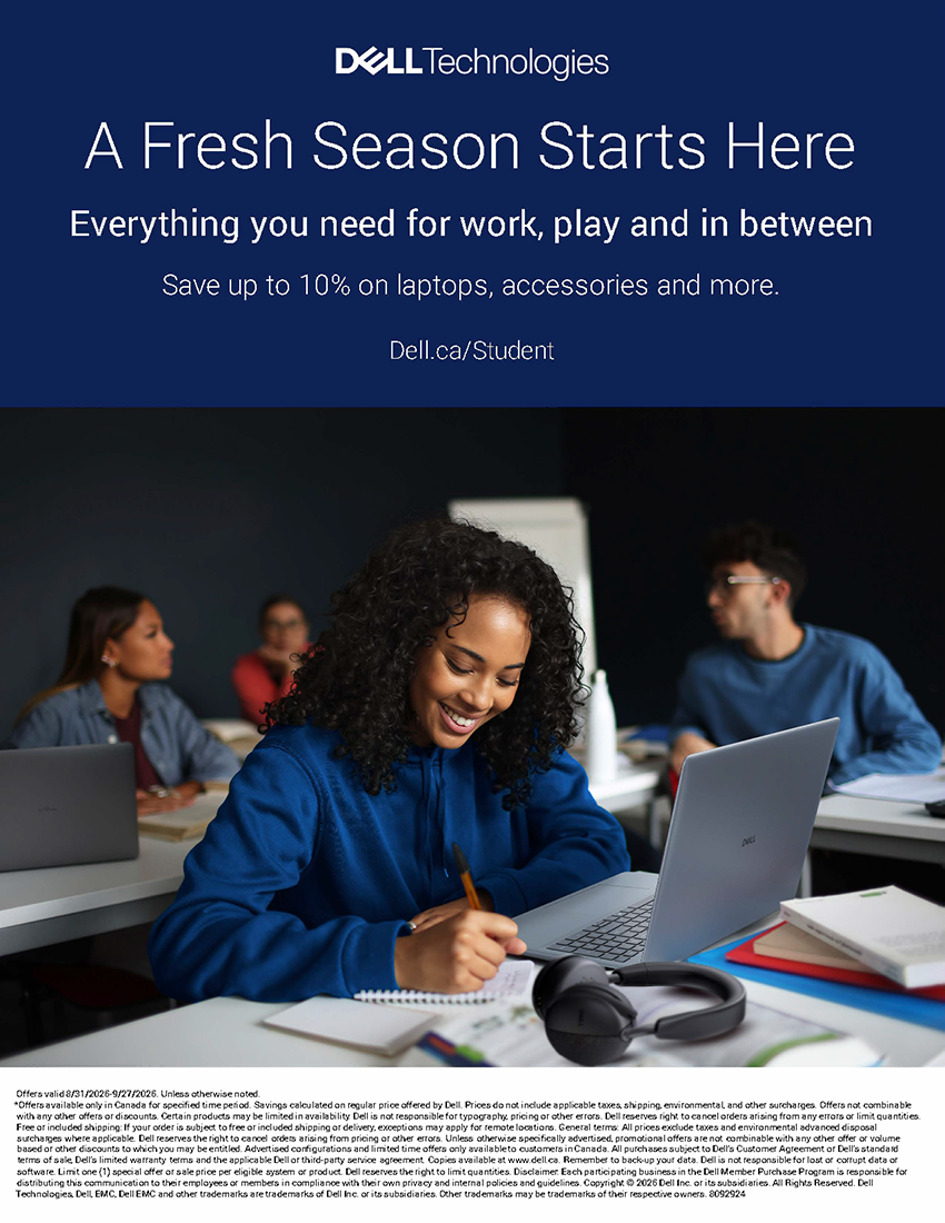 Promotional poster with white text on blue background and image of a student using a laptop in a classroom and smiling.
