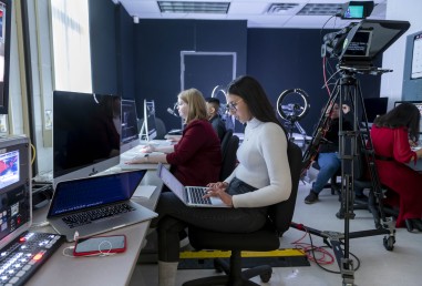 student in a broadcasting class room