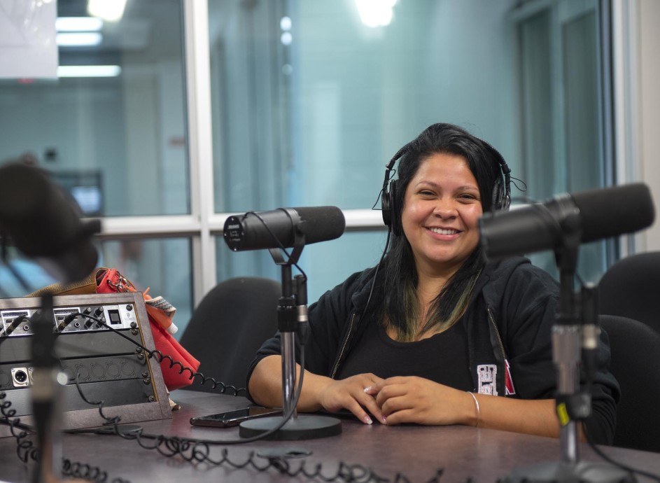 Fanshawe student, recording Indigenous Learning podcast