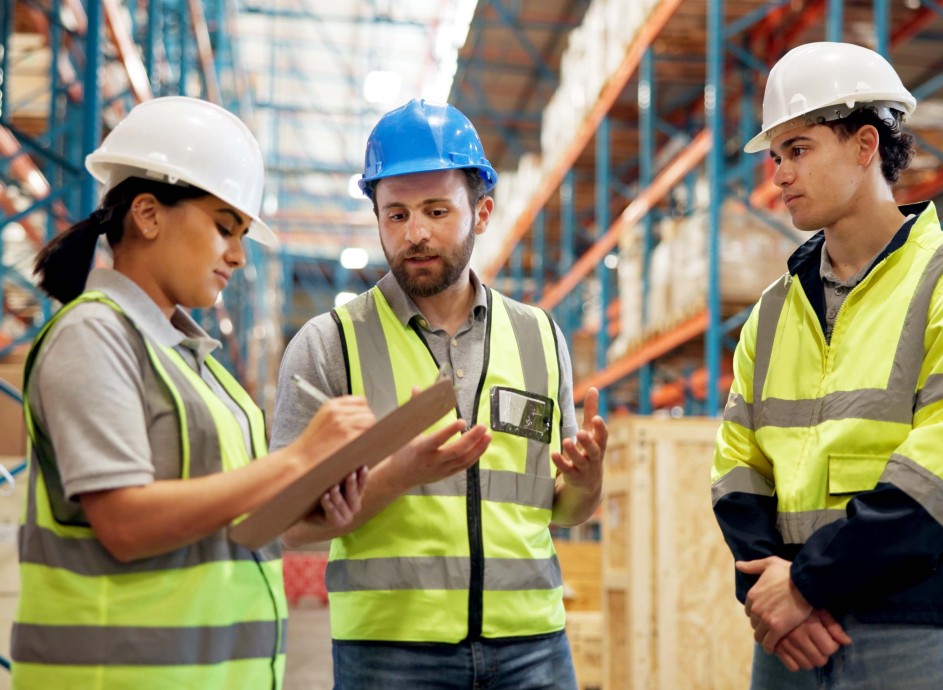 Three warehouse workers in high-visibility vests and safety helmets stand in a storage aisle, with one person writing on a clipboard while another gestures and speaks.