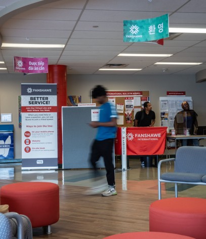 International centre lounge space with students walking through