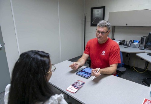 fanshawe counsellor talks to student