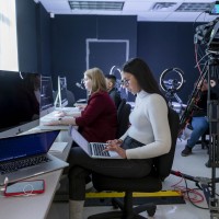student in a broadcasting class room